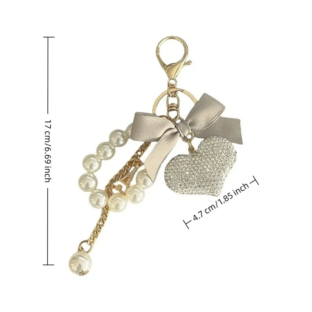 Pearl Bowknot Heart Keychain – Handmade Alloy Bag Charm Bag Charm Keychain PLUSH