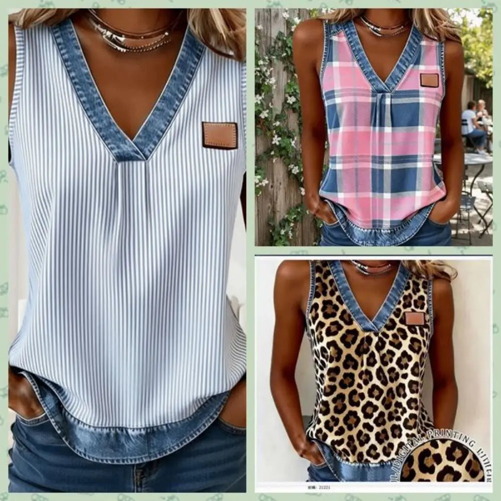 Women's Striped V-Neck Loose Fit Sleeveless Tank Top Women's Tank Top PLUSH