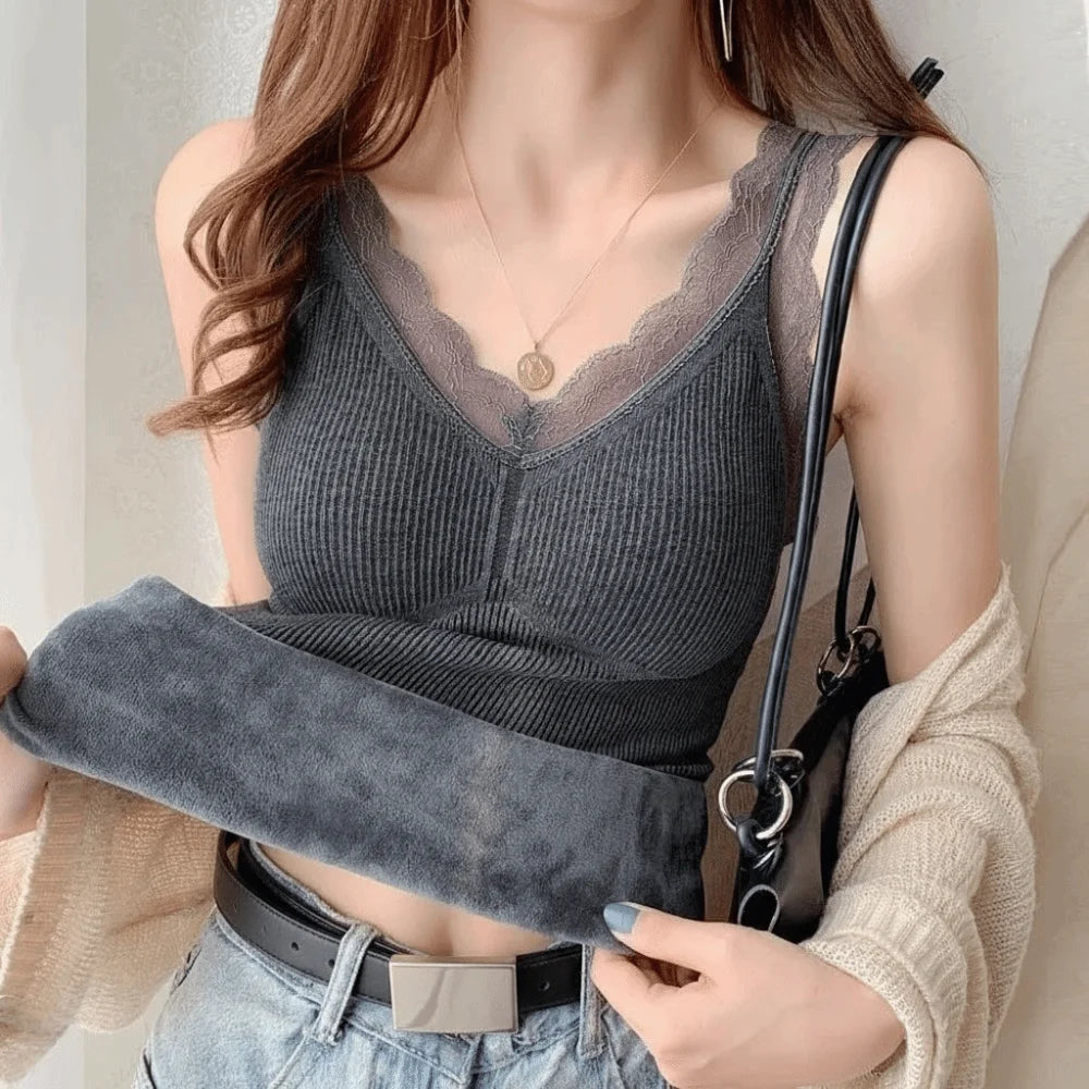 Women's Thermal Lace Camisole – Plush Seamless Warm Vest Thermal Camisole Vest PLUSH Grey L
