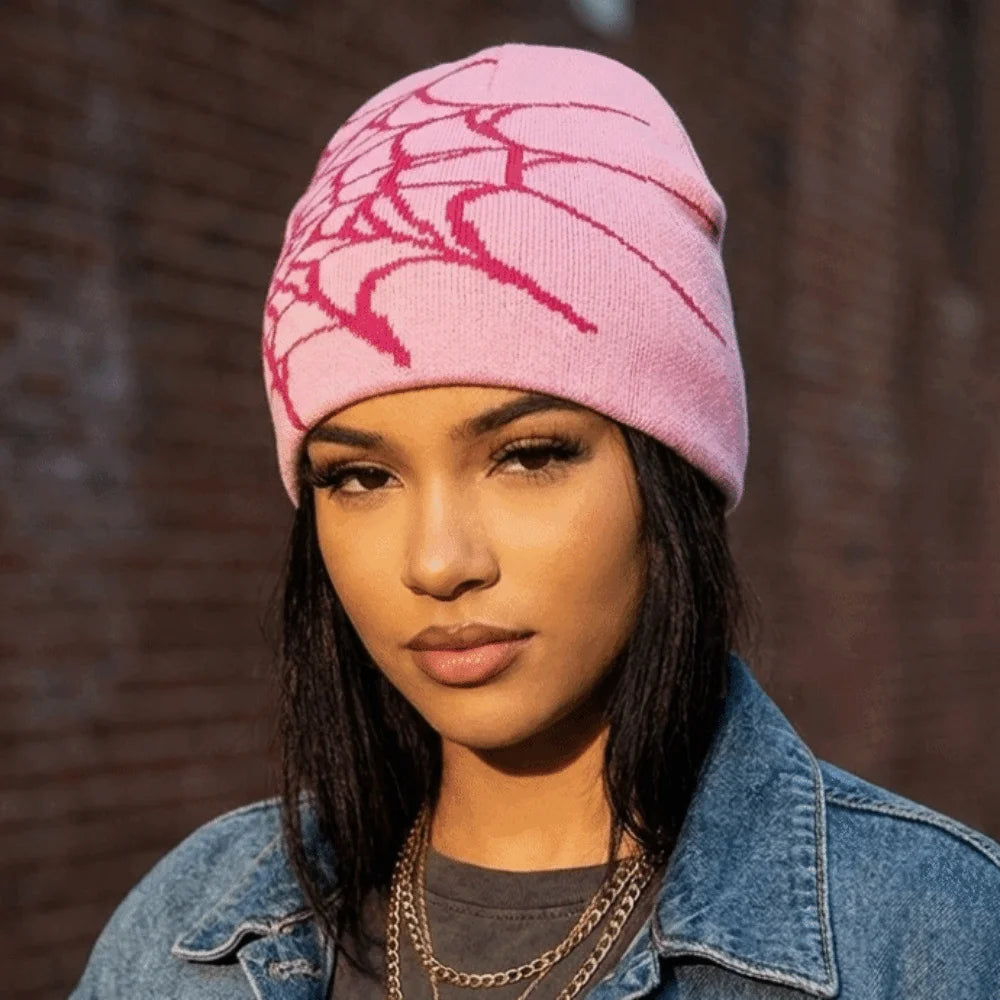 Y2K Spider Web Knit Beanie Hat – Cuffed Stretch, Multi Colors Knit Beanie Hat PLUSH