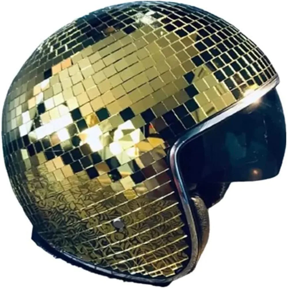 Disco Mirror Helmet – Reflective Glitter with Flip Visor Disco Party Helmet PLUSH Gold
