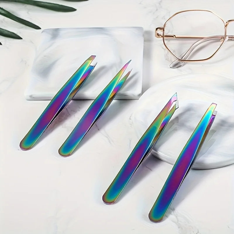 4-Piece Titanium Eyebrow Tweezers Set – Stainless Steel Colors Eyebrow Tweezer Set PLUSH
