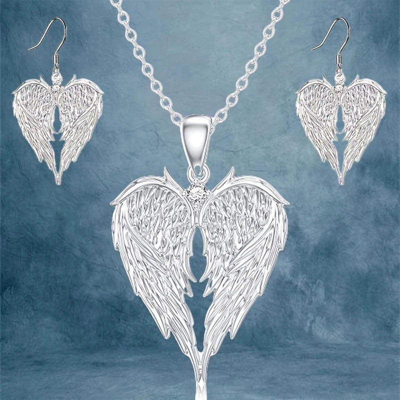 Angel Wings Heart Necklace & Earrings Set | Women's Jewelry Jewelry Set PLUSH