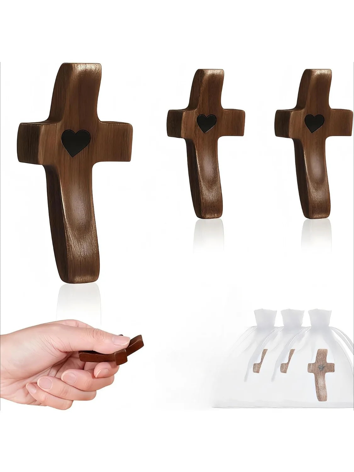 Handmade Wooden Pocket Cross 3pcs Set with Organza Bags | Gift Religious Wood Craft PLUSH 3PCS