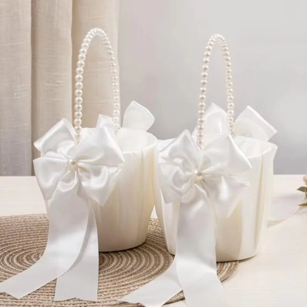 Satin Flower Girl Basket – Bowknot Pearl Handle Wedding Wedding Flower Basket PLUSH