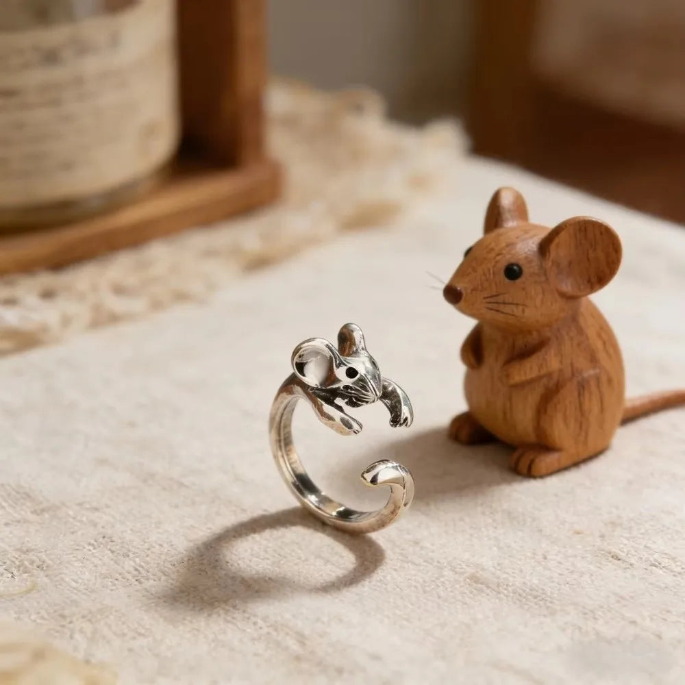 Silver Retro Mouse Open Ring – Adjustable Animal Jewelry Animal Fashion Ring PLUSH