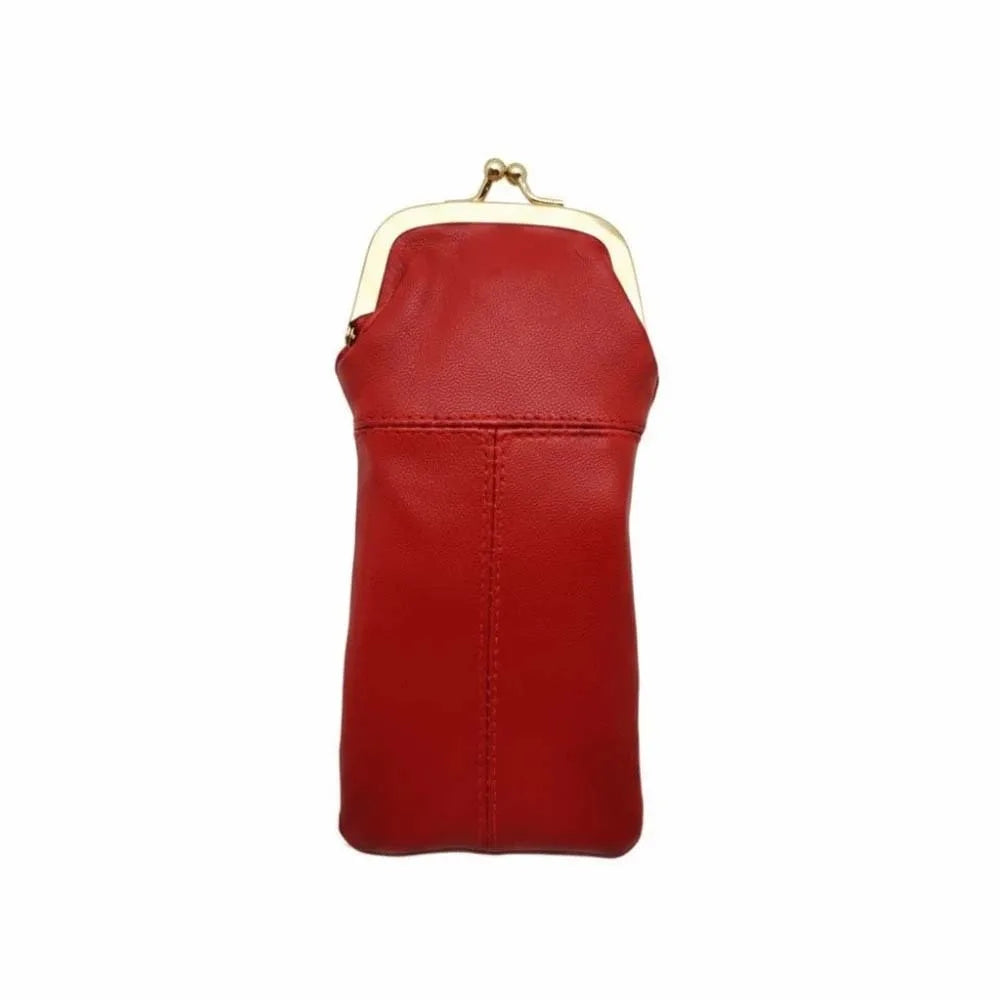 Leather Kiss Lock Eyeglasses Case – Retro Metal Clasp Pouch Eyeglasses Case PLUSH Red