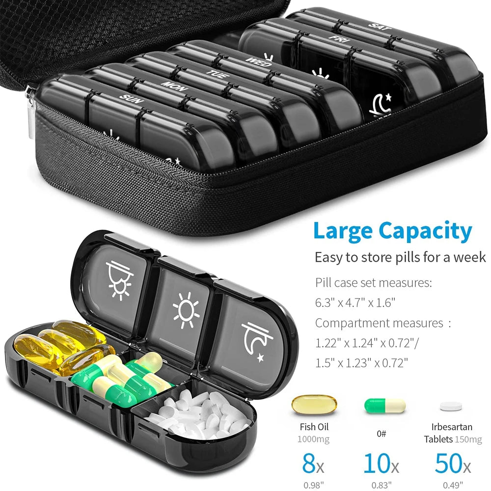 Weekly Pill Organizer 21 Compartments 3x Daily | PU Case Pill Organizer PLUSH