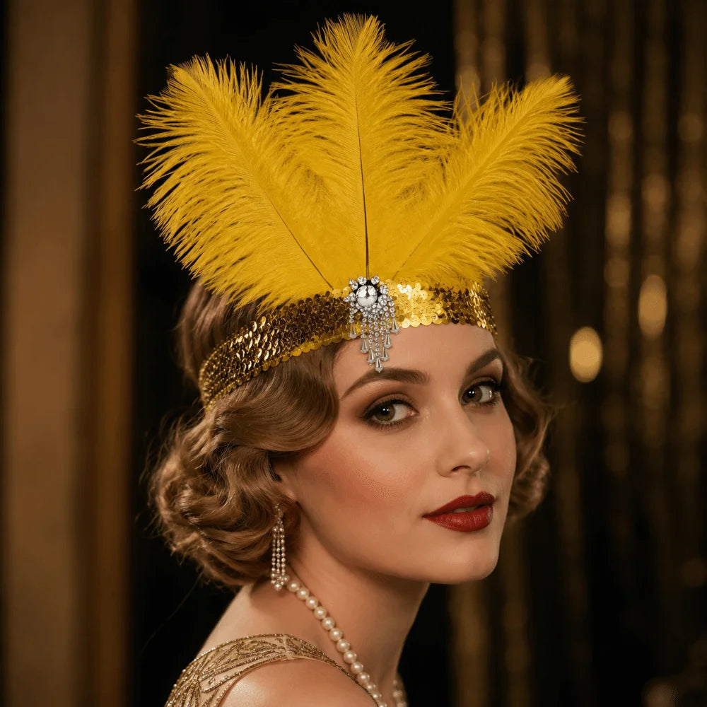 Vintage 1920s Feather Headband – Sequin Rhinestone Headpiece Feather Headband PLUSH