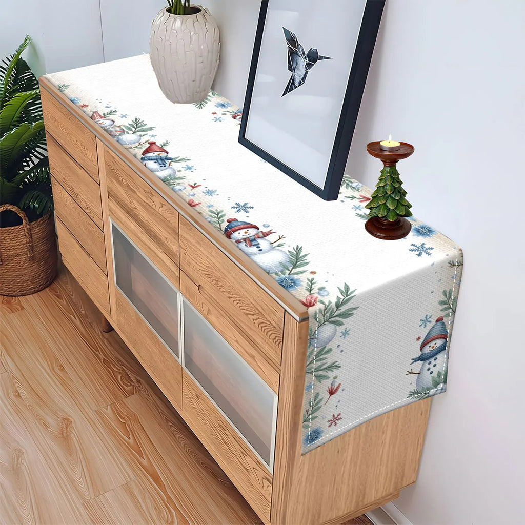Winter Table Runner – Snowflakes, Snowmen & Tree Branch Print Table Runner PLUSH