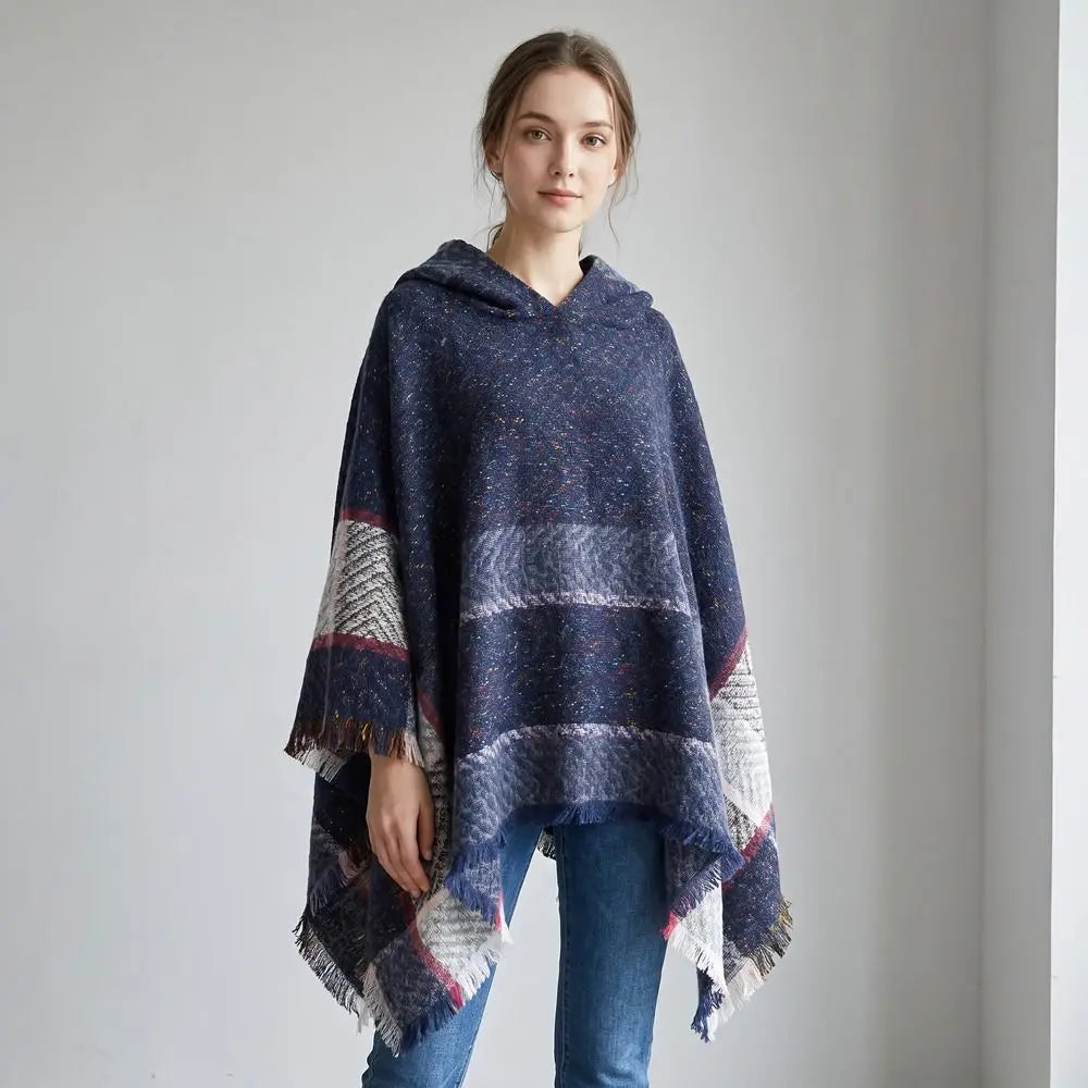 Women's Tassel Hooded Cape Plaid Knit Shoulder Wrap Cloak Hooded Cape Wrap PLUSH