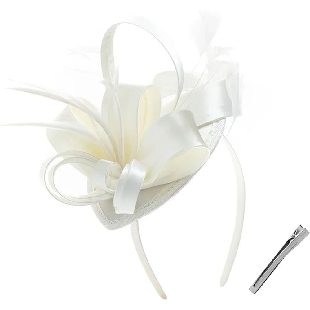 Sweet Bow Feather Fascinator Headband | Tea Party Hair Hoop Fascinator Headband PLUSH Beige