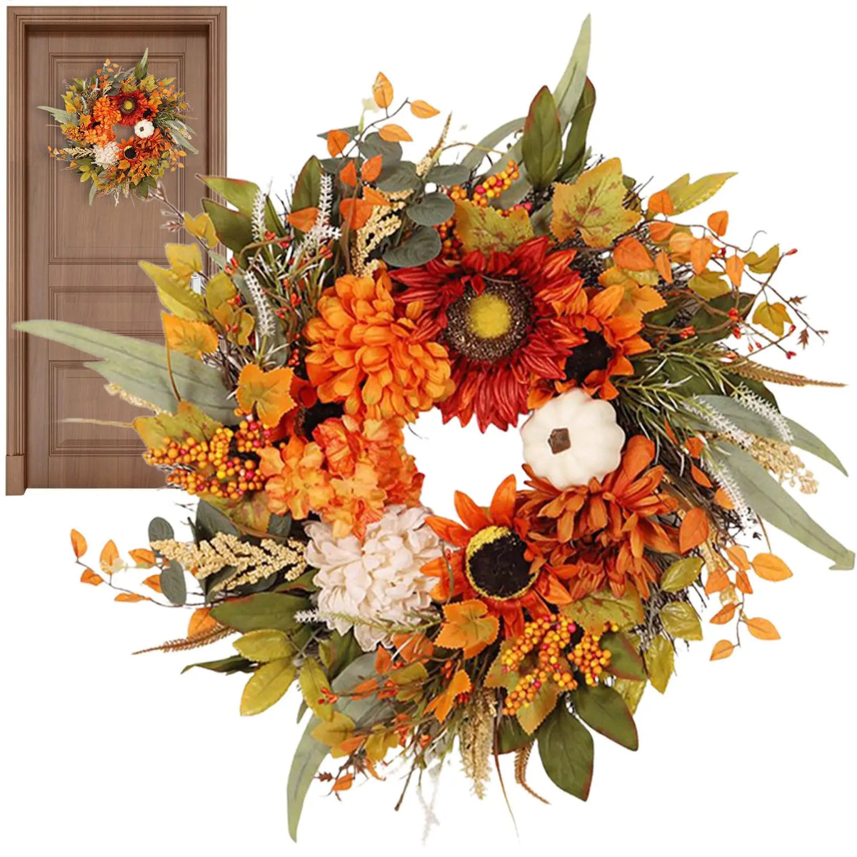 Autumn Harvest Wreath – Artificial Pumpkin Fall Door Décor Seasonal Door Wreath PLUSH