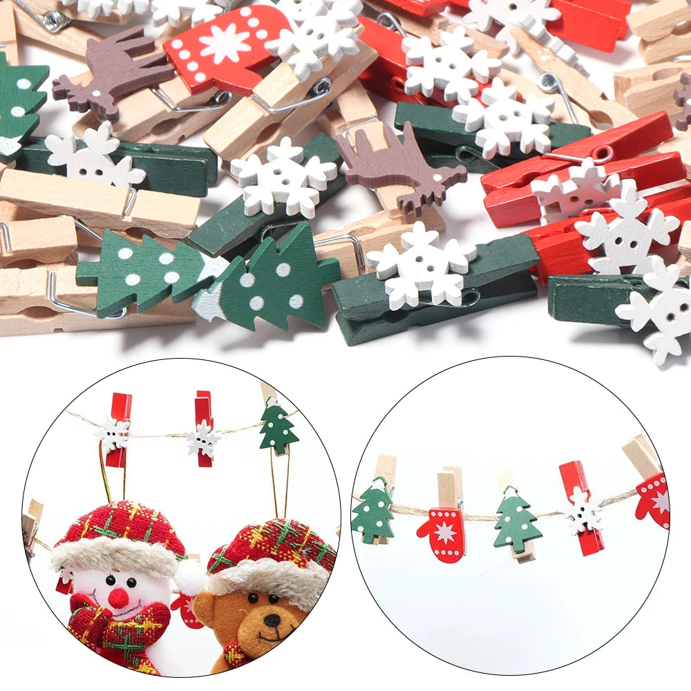 20pcs Christmas Wooden Mini Clips – Xmas Tree Snowflake Reindeer Holiday Wood Clips PLUSH