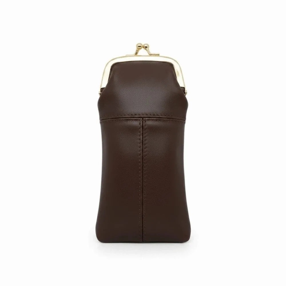 Leather Kiss Lock Eyeglasses Case – Retro Metal Clasp Pouch Eyeglasses Case PLUSH Coffee