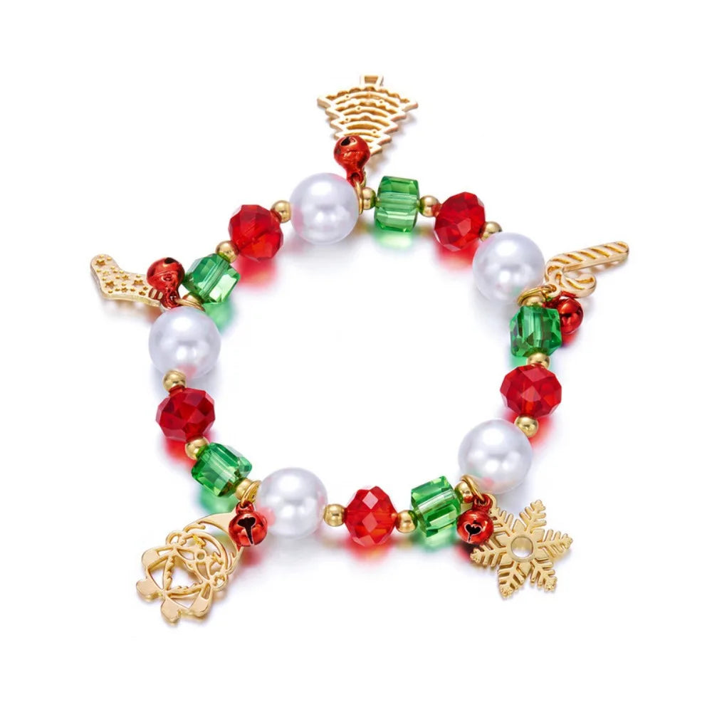 Christmas Beaded Bracelet – Red Green Faux Pearl & Crystal Bangle Beaded Bracelet PLUSH Style 4