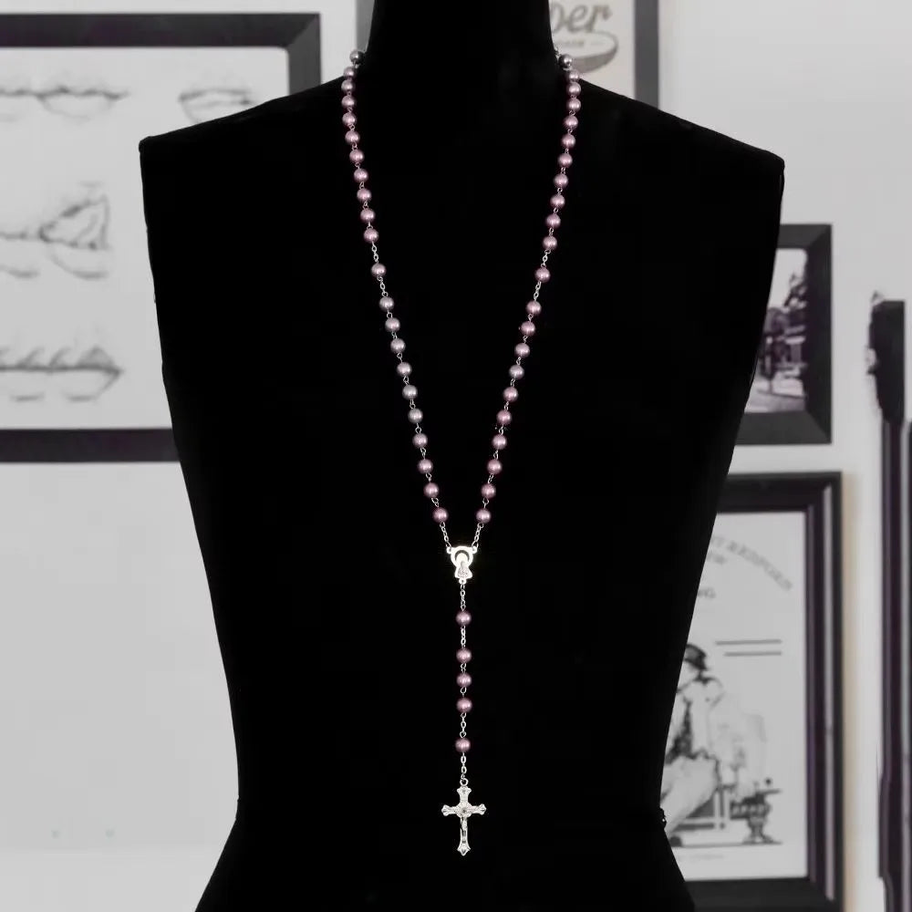 Vintage Cross Pendant Necklace | Faux Pearl Glass Bead Rosary Pendant Necklace PLUSH
