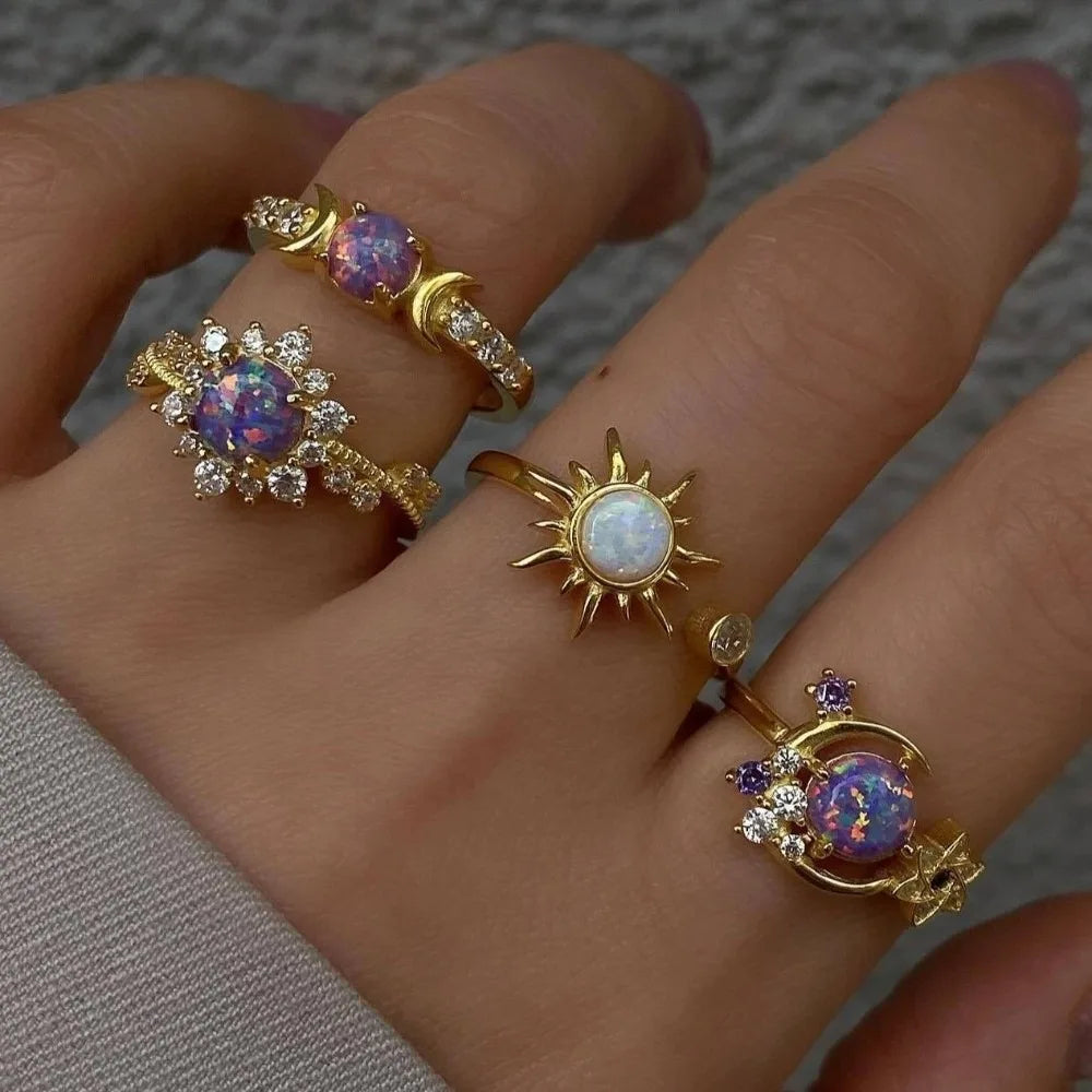 Vintage Gold Sun Moon Stackable Ring Set – 4pcs Purple Gem Stackable Ring Set PLUSH