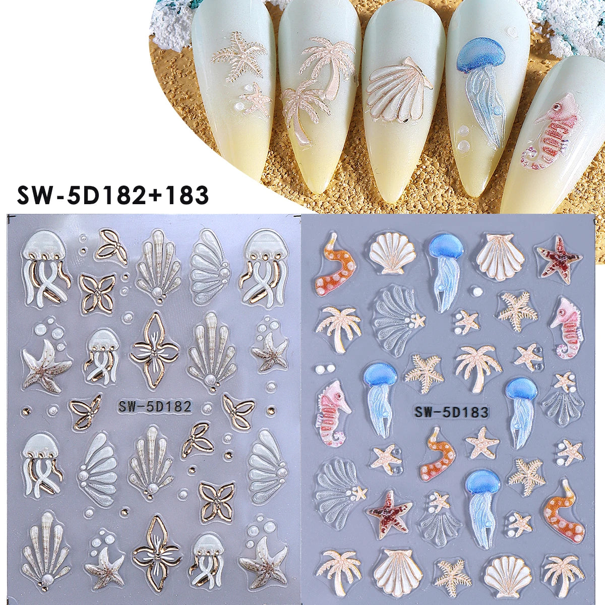 5D Ocean Embossed Nail Stickers – Starfish & Seashell Decals 2pk Nail Art Stickers PLUSH SW-5D182 183