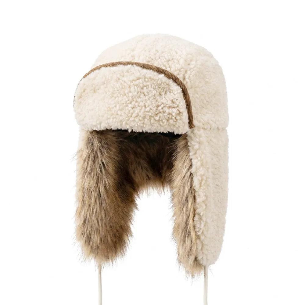 Windproof Winter Pilot Earflap Hat – Fleece Lined Beanie Cap Winter Earflap Hat PLUSH White