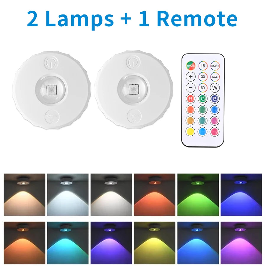 RGB USB Rechargeable Under Cabinet LED Spotlight – Dimmable LED Cabinet Spotlight PLUSH 2 Lamps 1 Remote