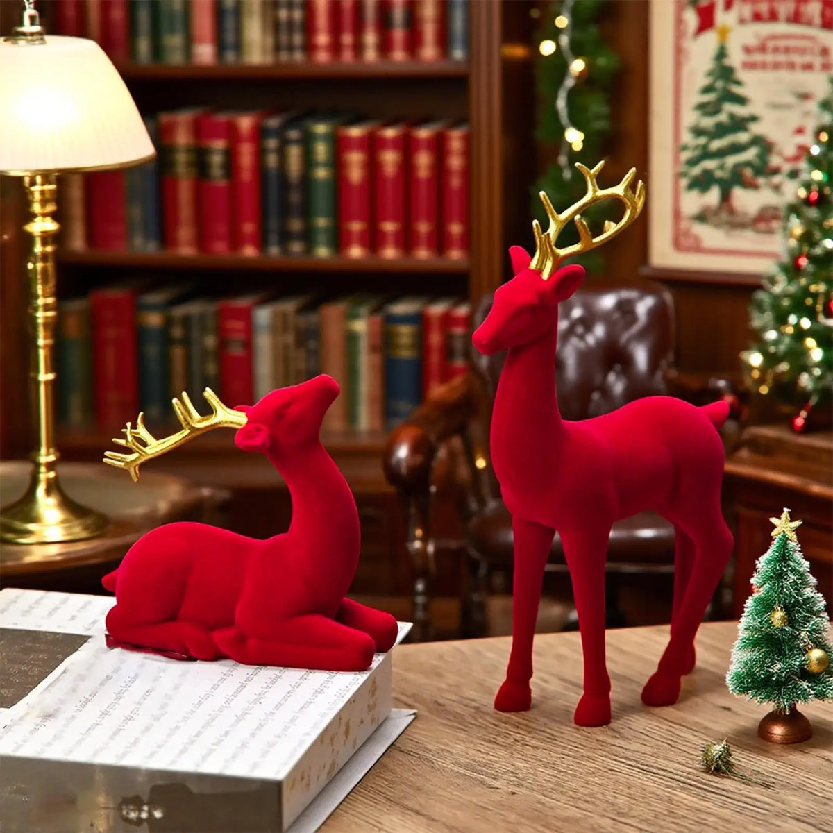 Christmas Reindeer Figurines 2Pcs Flocked Deer Tabletop Decor Christmas Figurines PLUSH