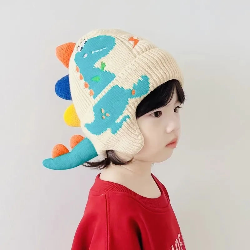 Kids Knitted Dino Beanie with Ear Flaps | Windproof Winter Hat Kids Winter Beanie PLUSH