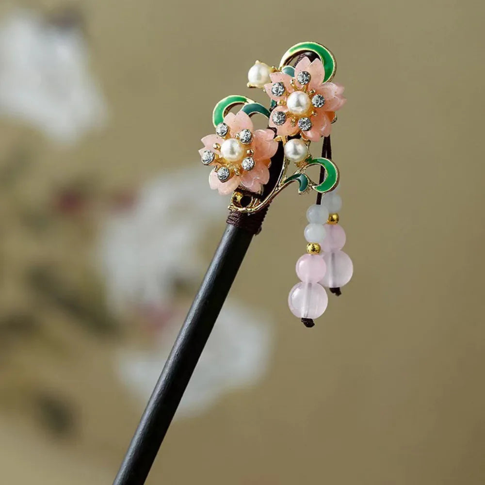 Wooden Chinese Hair Stick Vintage Flower Tassel Hairpin Fork Hair Stick Hairpin PLUSH Style 14