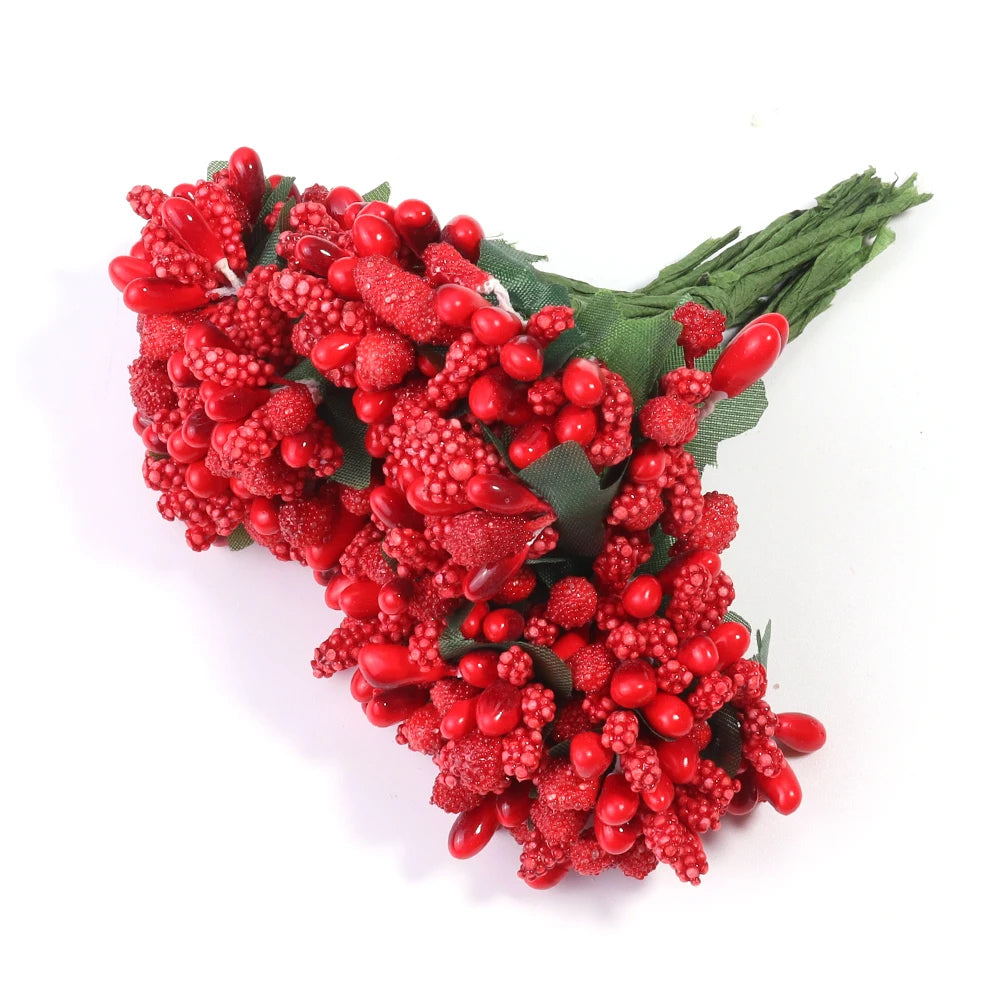 36pcs Artificial Berry Stamen Flower Heads with Leaves | Wedding Decor Artificial Flower Heads PLUSH Red