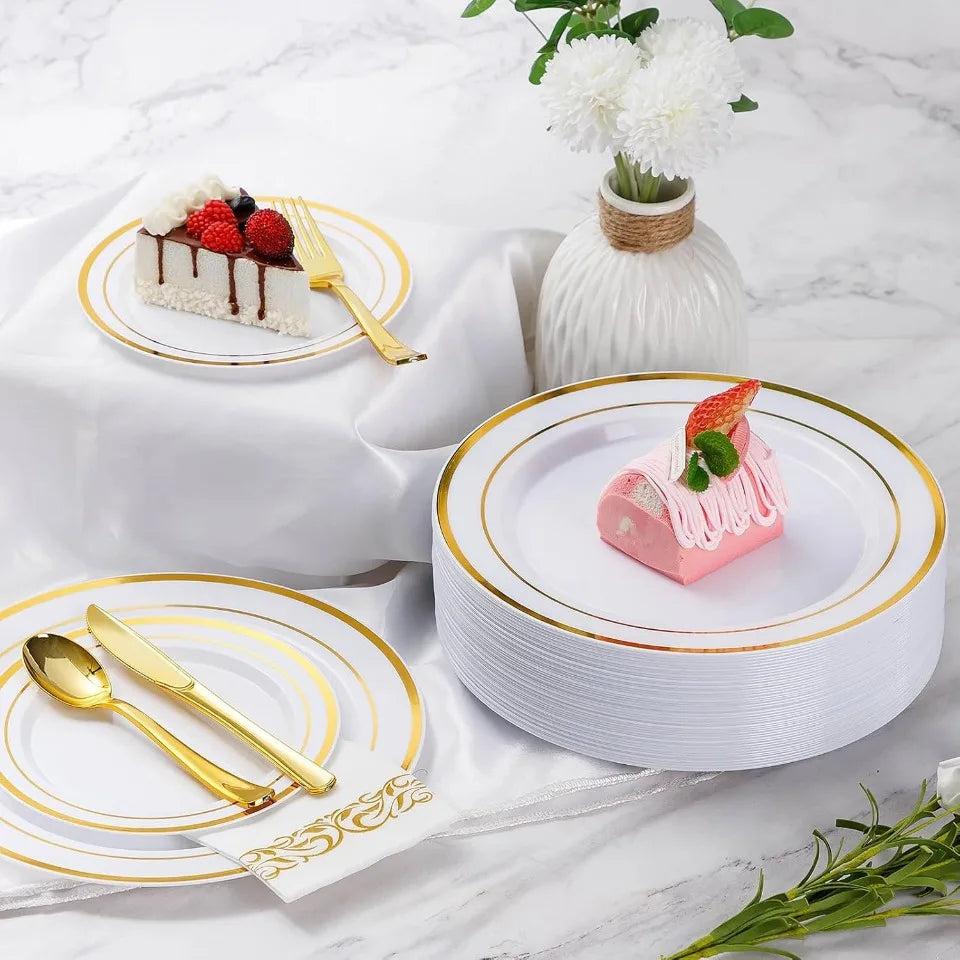 Gold Rim Disposable Dinnerware Set – Plates, Cups & Cutlery Disposable Dinnerware Set PLUSH