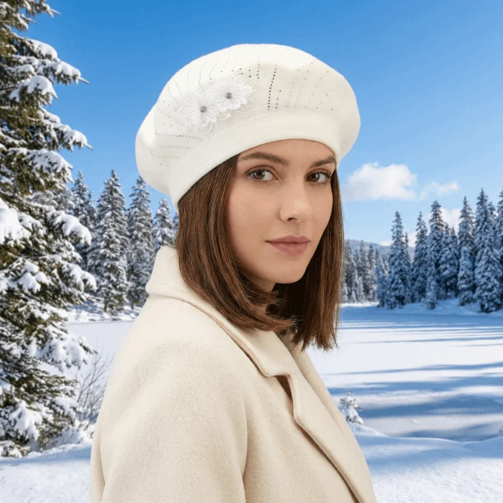 Women's French Beret Hat – Rhinestone Flower Cotton Cap Women's Beret Hat PLUSH
