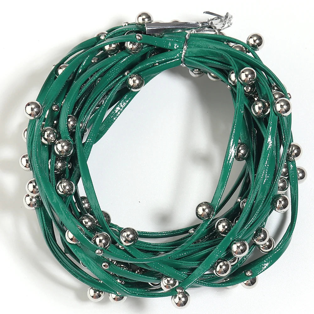 5 Yards Studded PU Leather Cord with Metal Ball Beads – DIY Leather Jewelry Cord PLUSH green