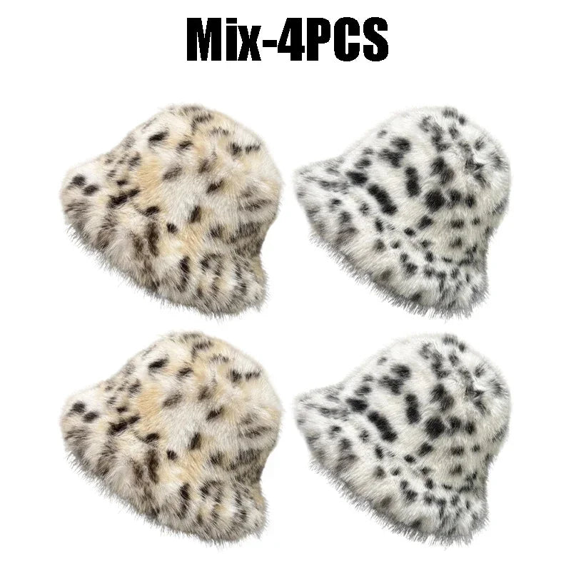 Women's Puffy Faux Fur Bucket Hat | Leopard Print Winter Hat Faux Fur Bucket Hat PLUSH Mix-4PCS