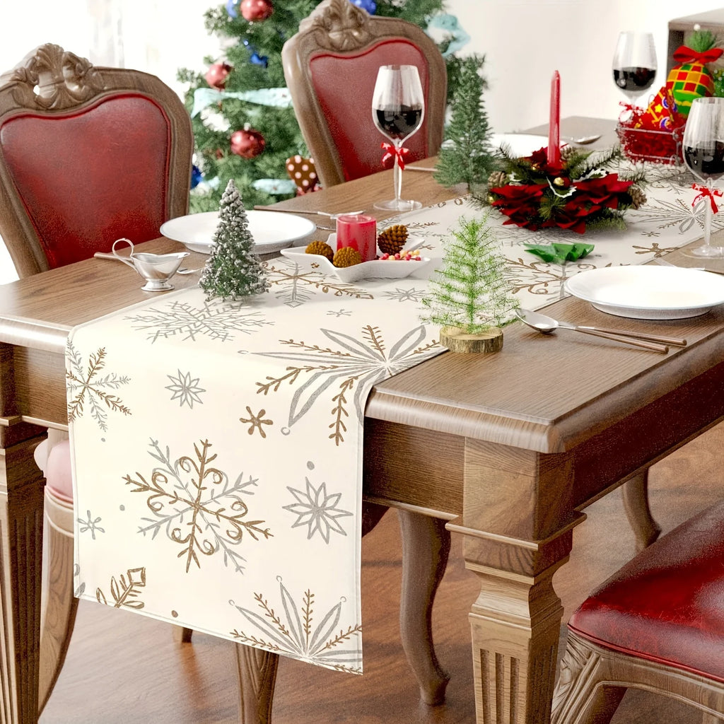 Snowflake Christmas Table Runner – Gold & Silver Off-White Christmas Table Runner PLUSH