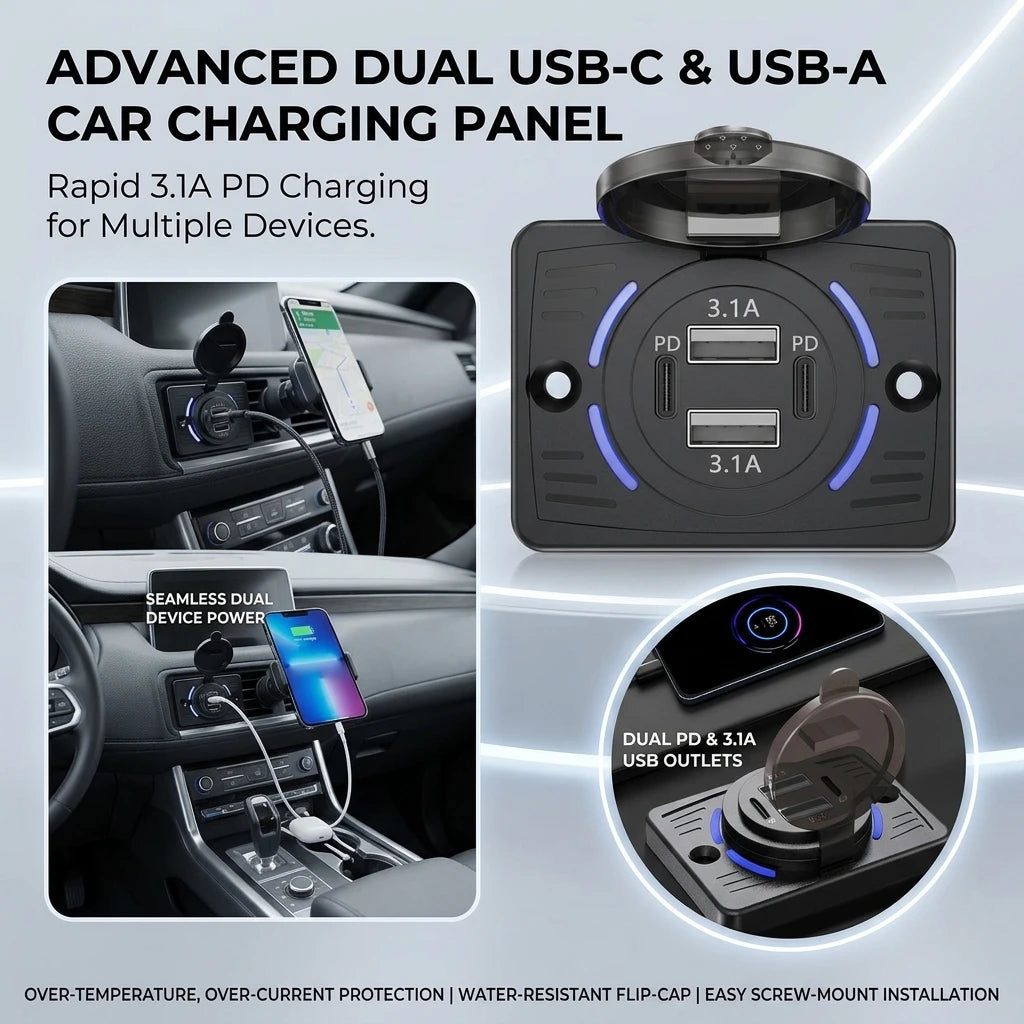 Dual USB QC3.0 + PD Car Charger 5V 3.1A | 12V-24V Vehicle Car USB Charger PLUSH