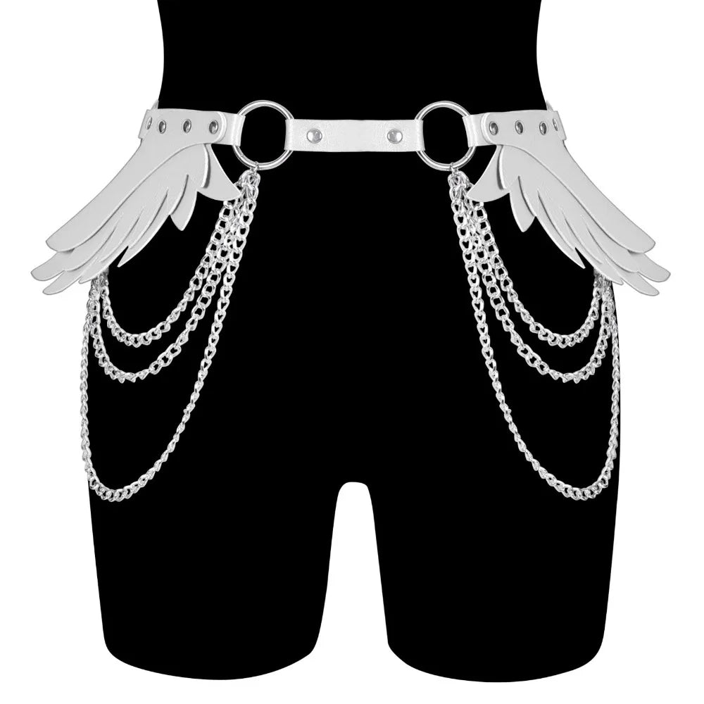 Y2K Punk PU Leather Wing Rivet Belt – Metal Studs & Chain Punk Fashion Belt PLUSH White