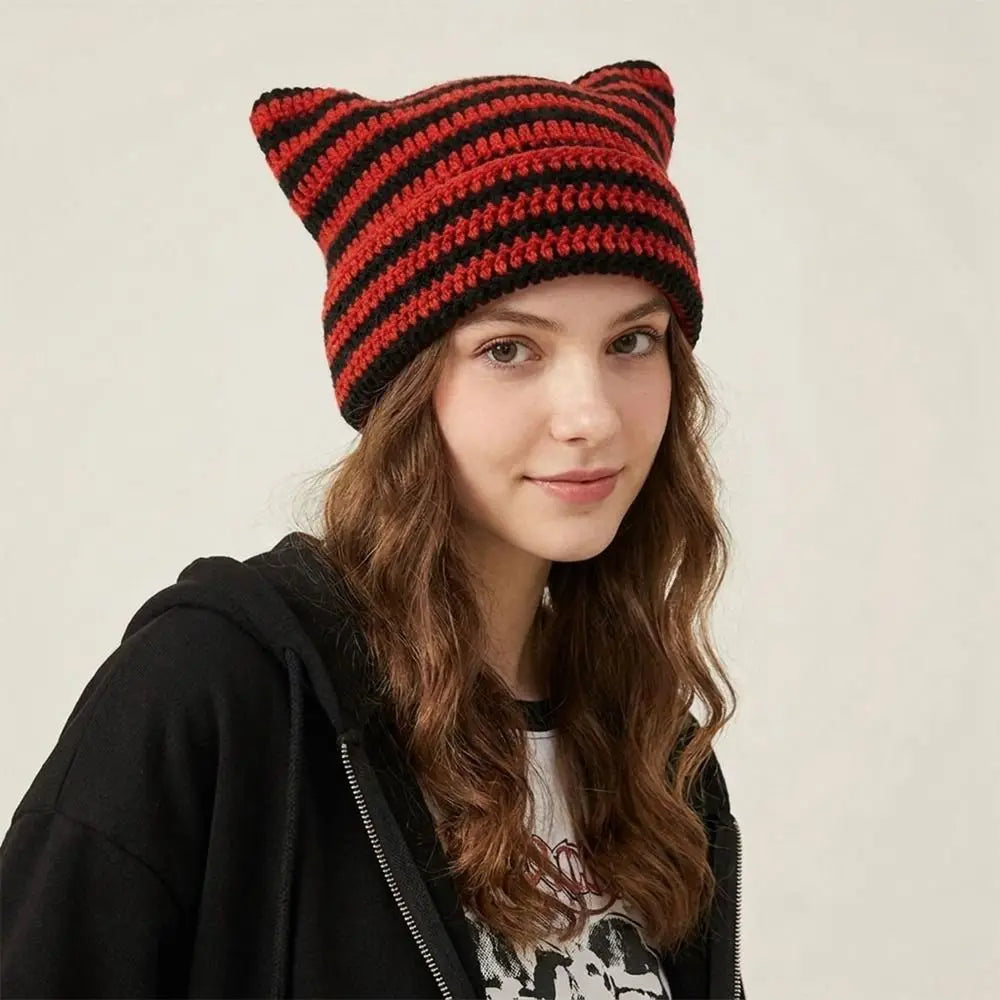 Y2K Cat Ears Beanie Hat – Striped Knit Crochet Pullover Knit Beanie Hat PLUSH