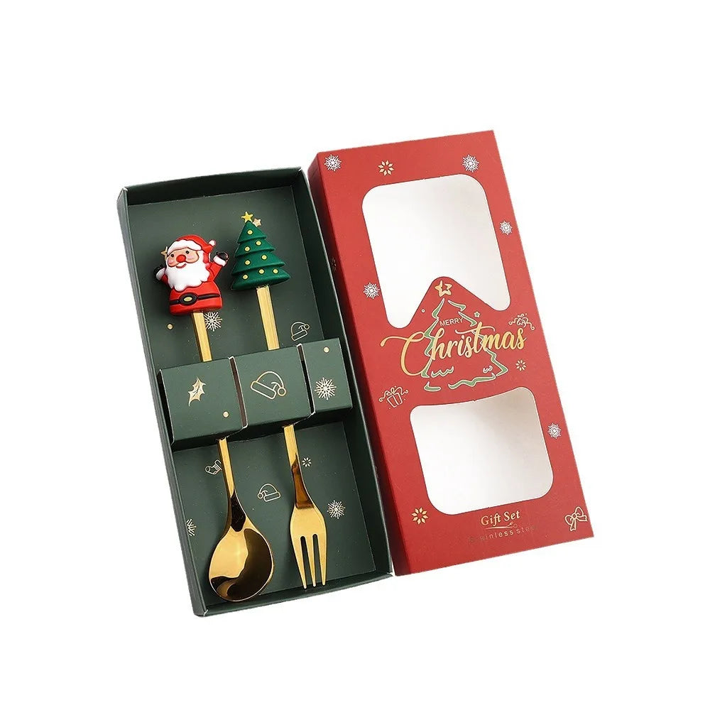 Santa Spoon & Fork Set – Christmas Holiday Dessert Tableware Holiday Flatware Set PLUSH