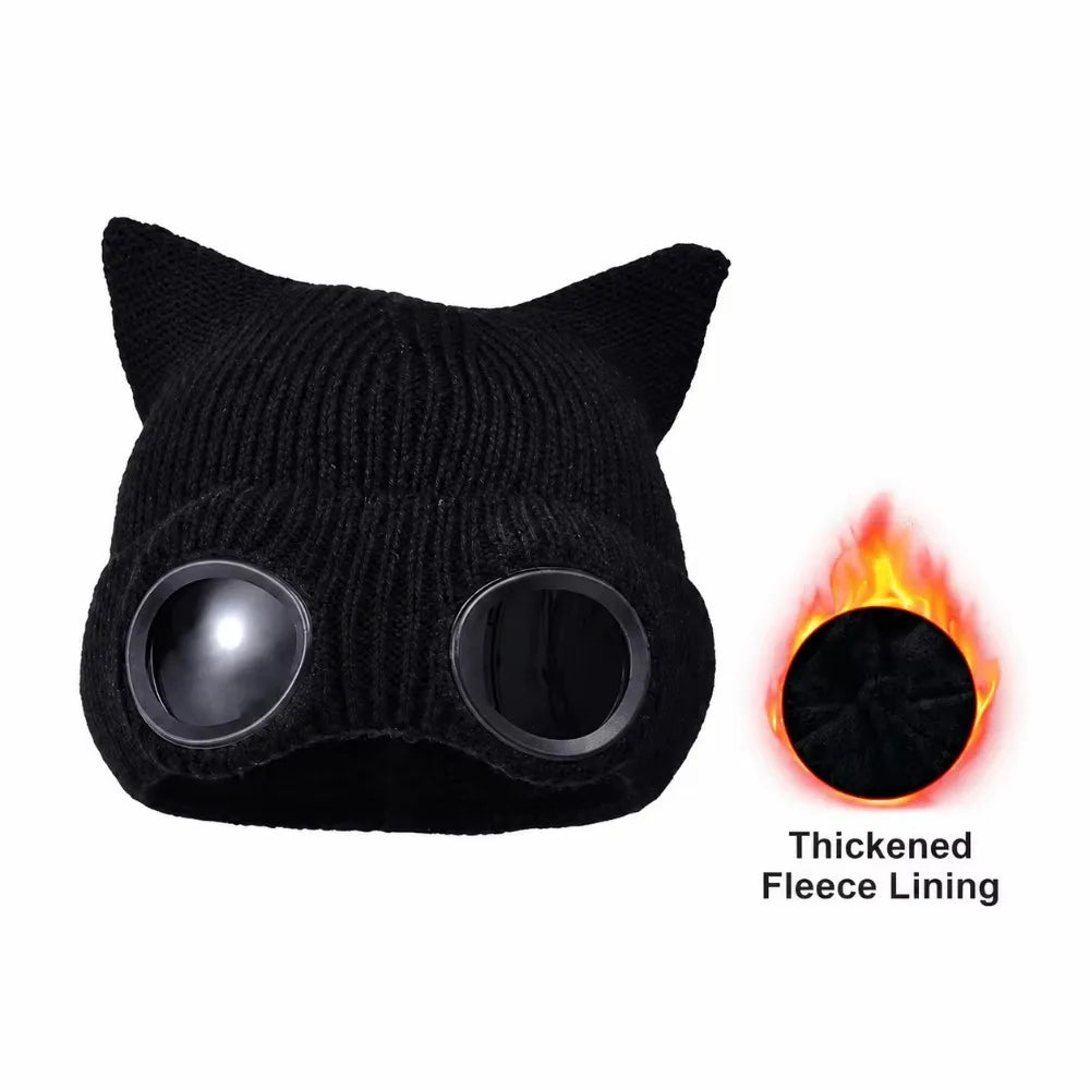 Women's Windproof Knit Ski Mask Hat with Removable Glasses Knit Ski Mask Hat PLUSH Black