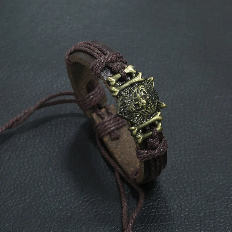 Viking Wolf Head Braided Leather Bracelet – Adjustable Unisex Charm Bracelet PLUSH