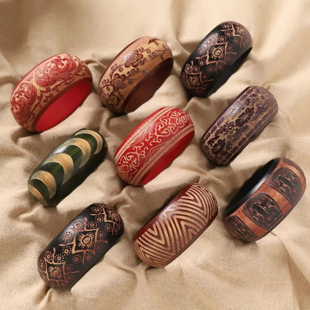 Retro Carved Wooden Bangle – Wide Colorful Ethnic Bracelet Wooden Bangle Bracelet PLUSH