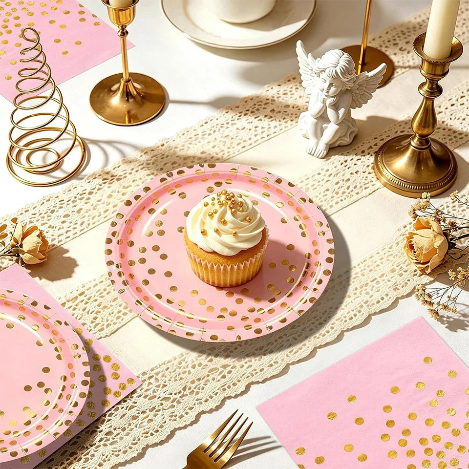 Pink Gold Foil Dot Disposable Paper Plates 7/9 Inch Party Disposable Party Plates PLUSH