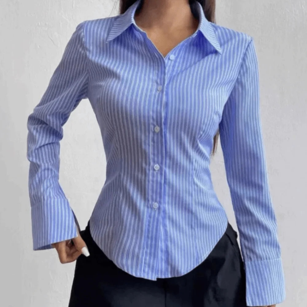 Women's Classic Striped Long Sleeve Blouse – Retro Chic Top Women's Blouse PLUSH Blue L
