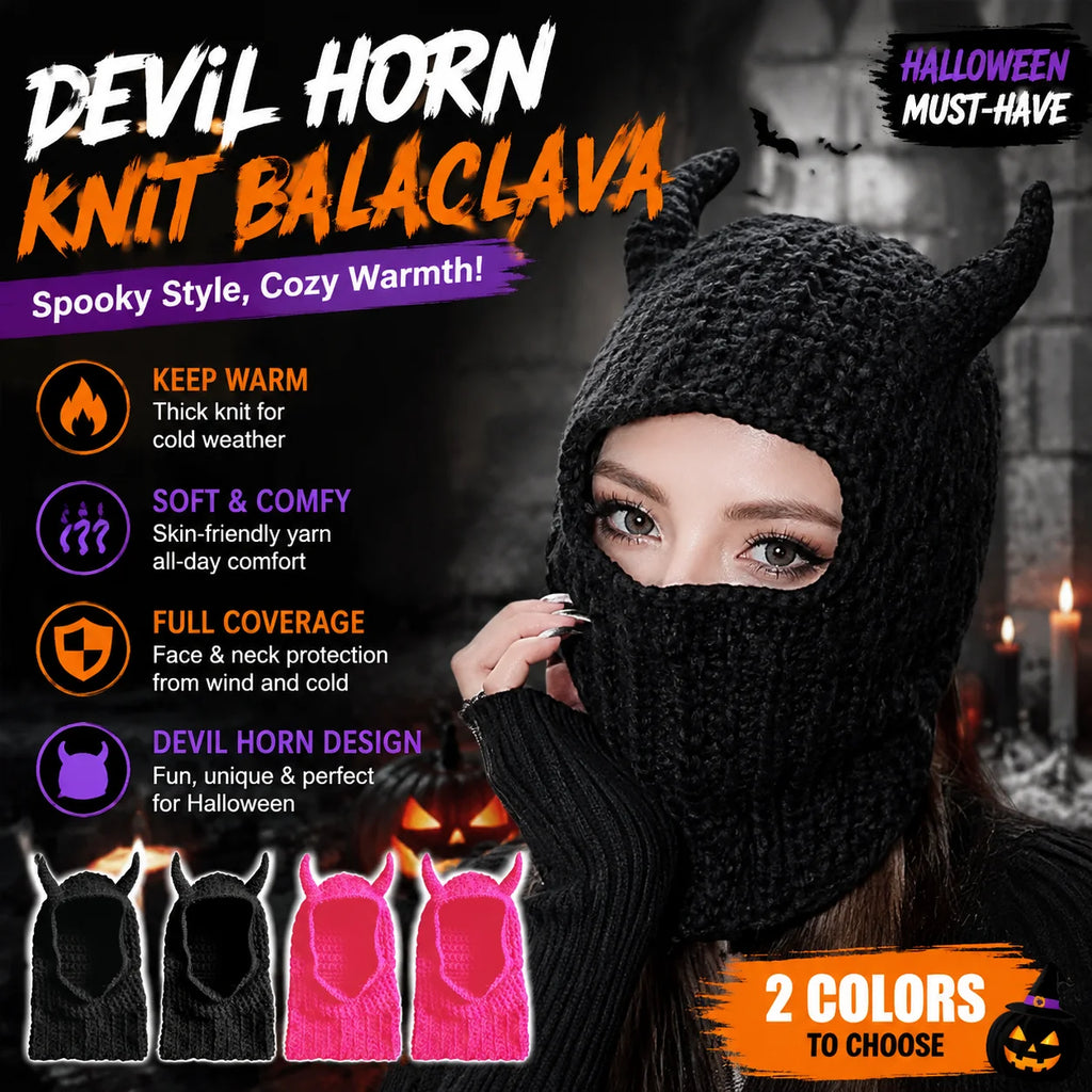 Devil Horn Knit Balaclava Mask | Halloween Beanie Cap Halloween Balaclava Mask PLUSH