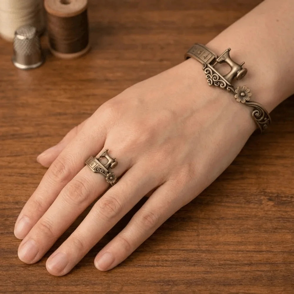 Sewing Machine Cuff Bracelet & Ring – Vintage Bronze Alloy Fashion Cuff Bracelet PLUSH