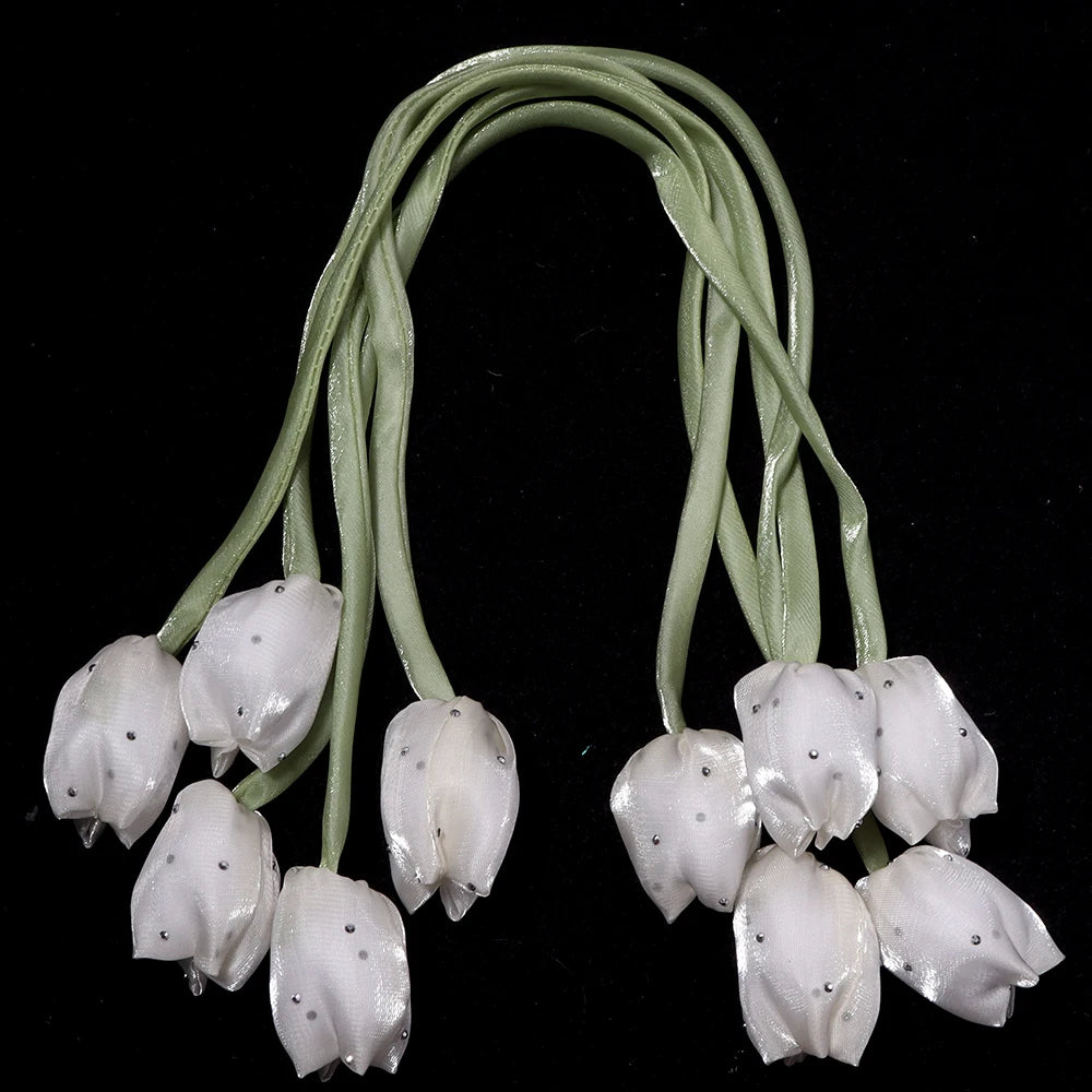 5pcs Satin Tulip Flower Strings Rhinestone DIY Hair & Garment Fabric Flower Trim PLUSH beige