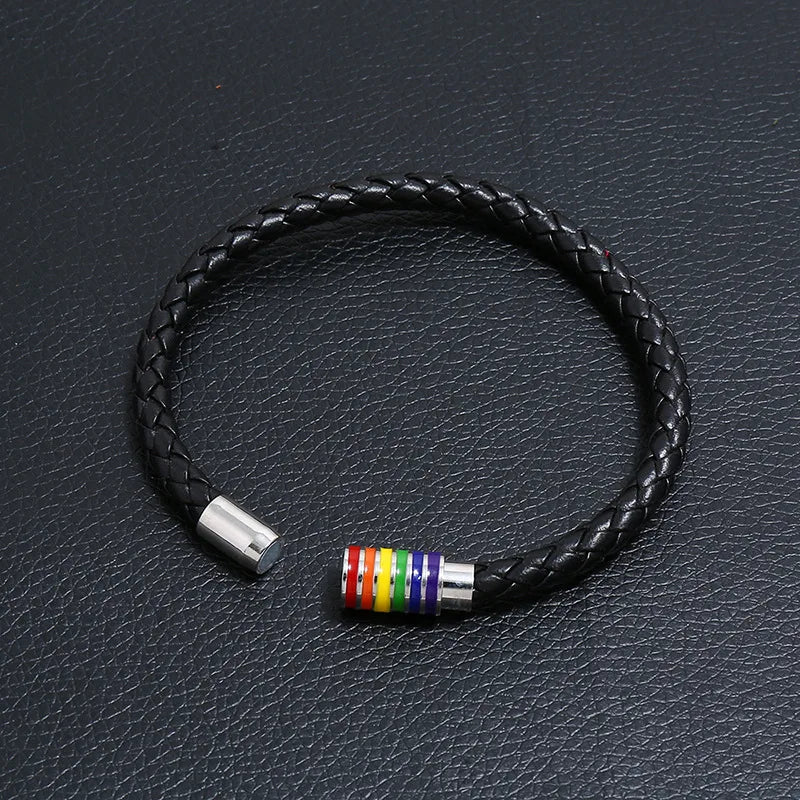 Rainbow Braided Leather Bracelet – Magnetic Buckle Unisex Bangle Leather Charm Bracelet PLUSH
