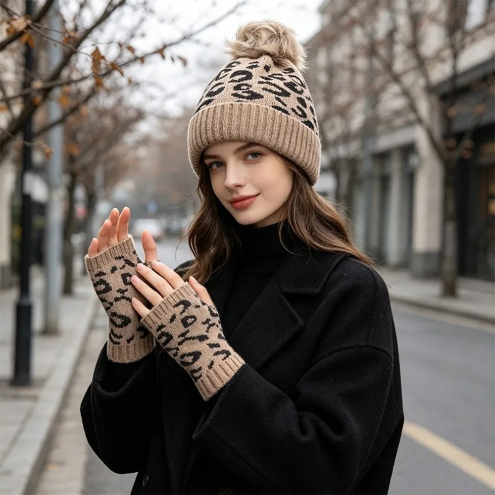 Women's Leopard Print Knit Beanie & Mittens Set – 2 Pcs Beanie & Mittens Set PLUSH