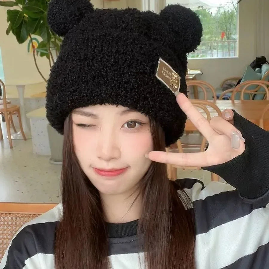 Women's Bear Ear Knitted Beanie – Plush Lined Slouchy Winter Hat Knitted Winter Beanie PLUSH