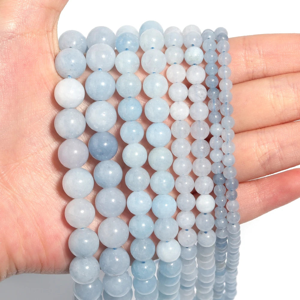 Blue Aquamarine Natural Stone Round Beads – DIY Jewelry Strand Natural Stone Beads PLUSH